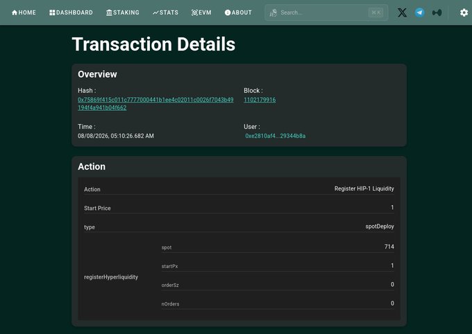 A cryptocurrency transaction details page shows a "Register HIP-1 Liquidity" action with hash 0x758b9f415c011c7777000441b1ee4c02011c0026f7043b49194fda941bd41662, block 1102179916, timestamp 08/08/2026 05:10:26.682 AM, and order parameters including spot (714), startPx (1), orderSz (0), and nOrders (0). The image illustrates xStocks' on-chain deployment of stock token tickers (like NVDAx) as spot liquidity on Hyperliquid, supporting the post's claim that xStocks has spent approximately 5,006 HYPE to secure 10 spot Tickers on the platform.