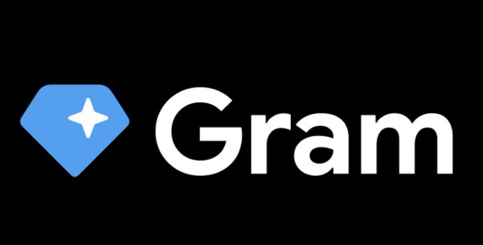 The image features a black background with white text that reads "GRAM". The text is surrounded by a blue diamond shape, which is a logo for a cryptocurrency called GRAM. The image also includes a small star icon within the logo.
