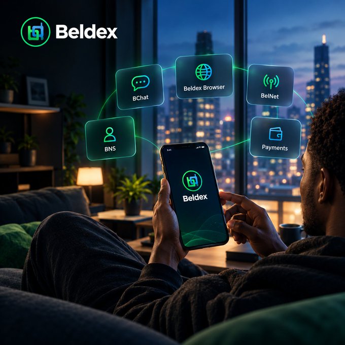 A man in a dark robe sits on a couch holding a smartphone showing the Beldex app, with floating icons representing Beldex Browser, BelNet, BNS, BChat, and Payments surrounding him against a cityscape backdrop.