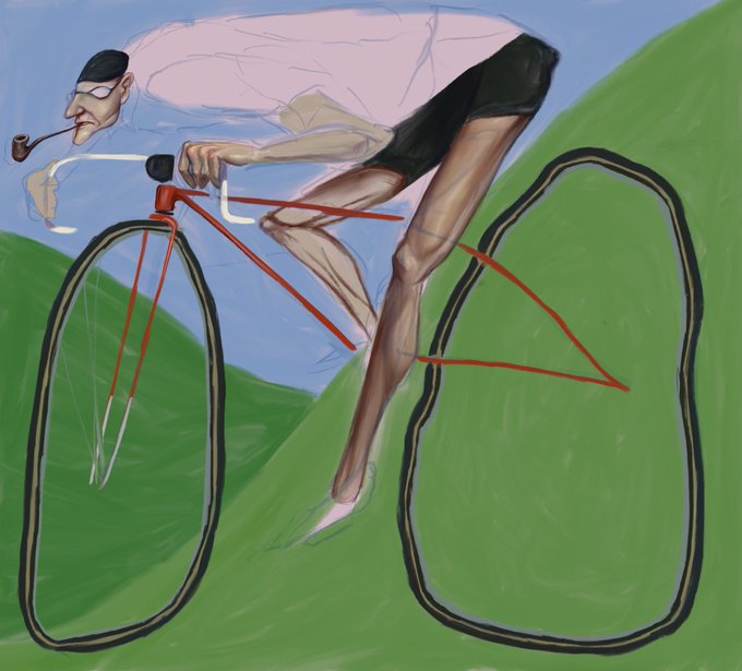 A caricature-style digital painting of a man in a pink shirt and black shorts riding a red bicycle uphill while smoking a pipe, with exaggerated proportions and a green hillside background.