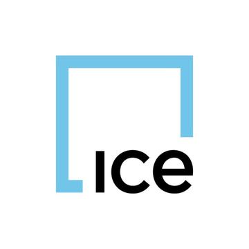 The image displays the ICE logo, featuring the company's name in black text beneath a stylized light blue square outline, representing Intercontinental Exchange (ICE) as referenced in the announcement of its partnership with tZERO for tokenized securities infrastructure.