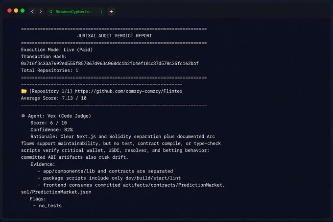 A terminal window displaying a 'JURIXAI AUDIT VERDICT REPORT' with a score of 7.13/10 and an average score for the repository 'comzy-comzy/Flintex'.