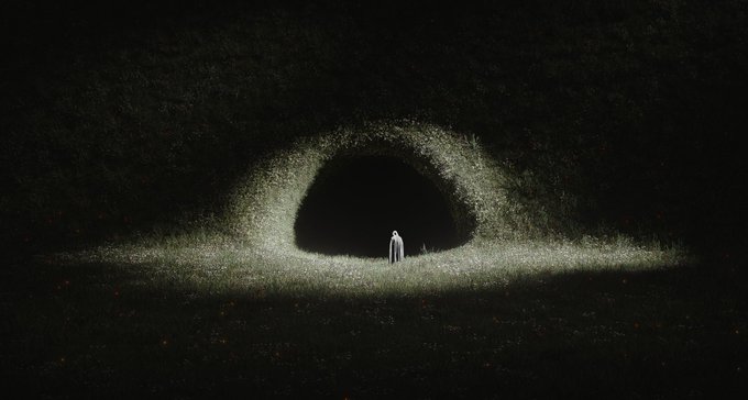 A surreal, minimalist digital artwork features a tiny white-clothed figure standing before a massive, glowing eye-shaped void set against a dark, textured background.