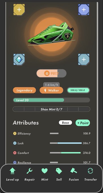 The image shows a phone screen displaying an app called "ShoMise 7" with a green shoe icon, along with other icons for different game elements such as "Lets Go!", "Fusion", and "Transactions". The user interface is designed in a modern style with a focus on simplicity.