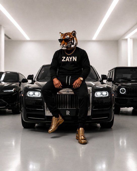 A person wearing a tiger mask, a black sweatshirt with 'ZAYN' printed on it, and gold boots sits on the hood of a black Rolls-Royce in a showroom with other luxury vehicles.