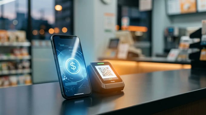 A smartphone displaying a glowing dollar sign icon sits on a counter next to a QR code payment terminal in a store setting.
