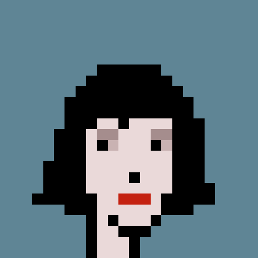 A simple pixel art portrait of a person with long black hair, pale skin, and red lips against a teal blue background.