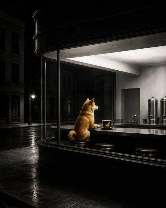 A Shiba Inu dog sits at a diner counter with a coffee cup featuring a bull market graphic, symbolizing a strong hold ("HODL") on investments and a "Good Morning" ("GM") greeting. The image alludes to the popular cryptocurrency meme, Dogecoin, which is often associated with its bull runs.