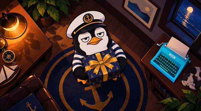 An illustration of a penguin dressed as a sailor holding a wrapped gift with anchor designs, standing on a nautical-themed rug surrounded by a compass, typewriter, and potted plant.