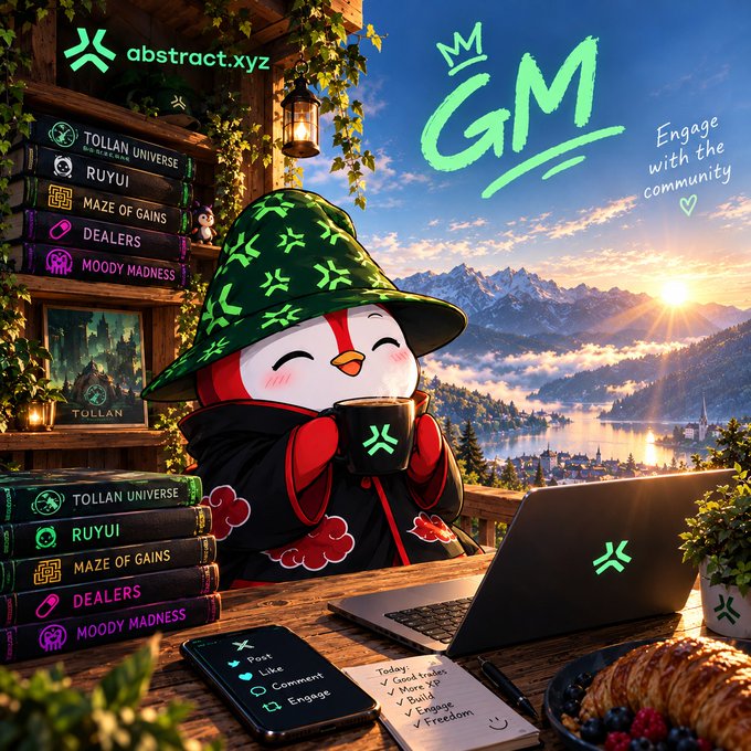 A digital artwork showing a cute penguin-like character in a green patterned hat drinking from a mug, with an 'abstract.xyz' menu and scenic mountain landscape in the background.