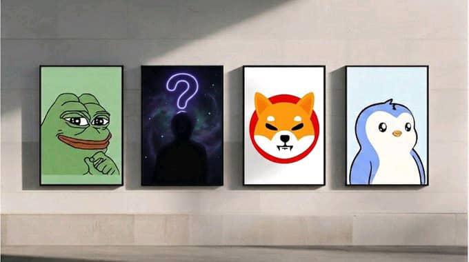 Four framed artworks hanging on a wall, featuring cartoon-style images of Pepe the Frog, a silhouette with a glowing purple question mark, the Shiba Inu from Dogecoin, and a penguin.