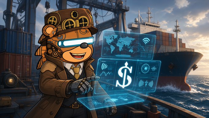 A cartoon bear wearing a steampunk top hat and glowing goggles stands at a shipping port, interacting with a holographic display showing financial charts and a dollar sign.