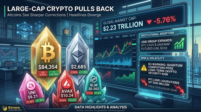 A financial infographic titled 'LARGE-CAP CRYPTO PULLS BACK' showing Bitcoin (BTC) at $84,354 and Ethereum at $2,685, with a global market cap down 5.76% to $2.23 trillion, alongside warnings about EU quantum computing risks and BTC long liquidations.