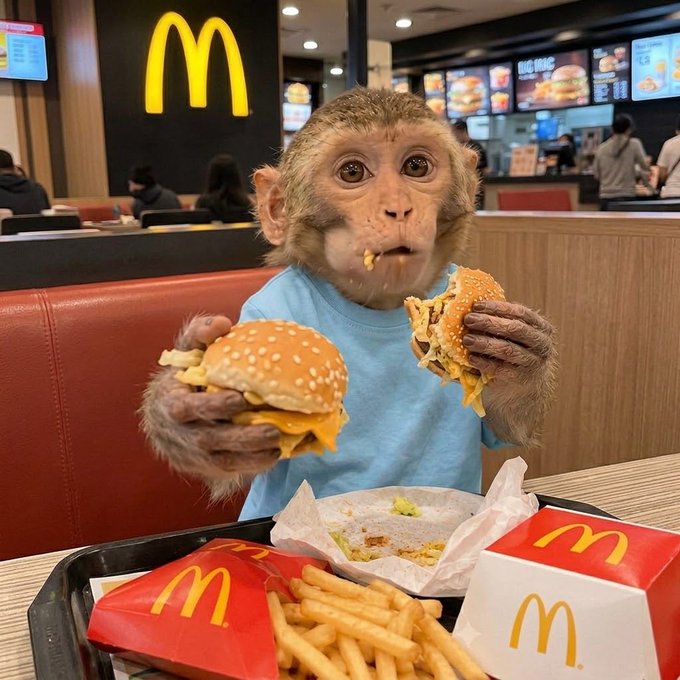 A monkey in a blue shirt holds two cheeseburgers at a McDonald's, with fries and red McDonald's boxes on the tray in front of it.