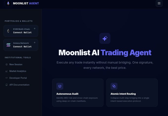 A screenshot of the 'MOONLIST AGENT' website featuring an AI Trading Agent interface with options for EVM Multi-Chain and Solana Network wallet connections, highlighting features like 'Autonomous Audit' and 'Atomic Intent Routing'.