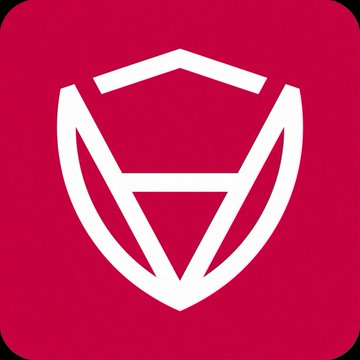 A red square app icon featuring a white geometric logo combining a shield outline with a stylized 'A' or triangular shape inside.