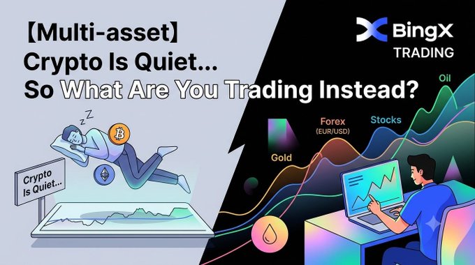 A promotional graphic for BingX Trading with the headline '[Multi-asset] Crypto Is Quiet... So What Are You Trading Instead?', showing an illustration of a bored person on a crypto chart on the left and active trading of Forex (EUR/USD), Stocks, Oil, and Gold on the right.