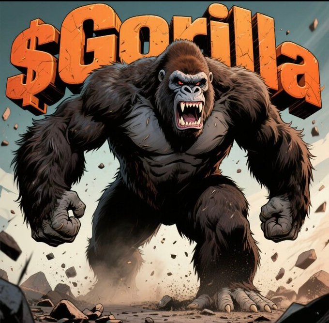 The image features a large, muscular gorilla with its mouth open wide, appearing angry or aggressive. The gorilla is depicted standing amidst a pile of rocks, giving off an impression of strength and power. The caption below the image reads "Hey @KibiBot launch Gorilla $GORILLA on BNB". This suggests that someone has created this illustration as part of a promotional campaign for a gorilla-themed product or event.