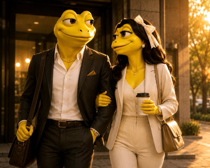 A digitally rendered anthropomorphic frog couple dressed in elegant business attire walk arm-in-arm down a city street, with the female holding a coffee cup.