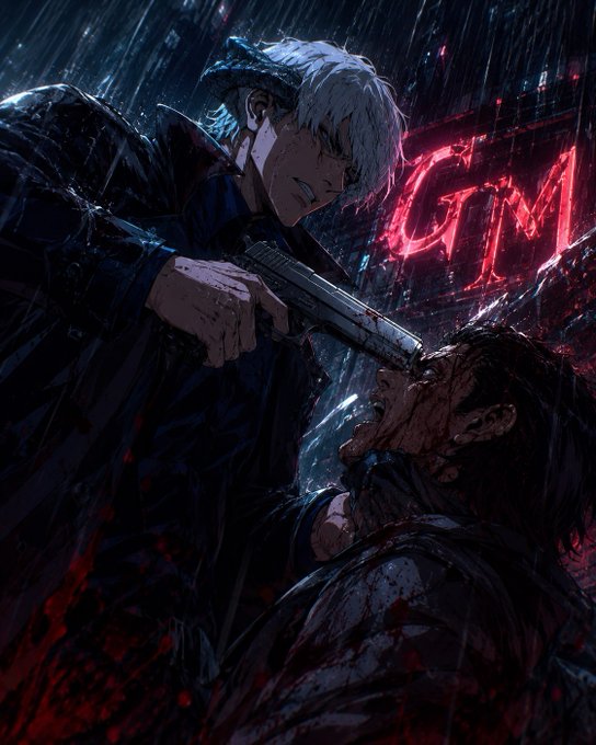 The user wants a concise caption for the provided image.
I need to identify key elements:
- **Characters:** A white-haired man (Gojo Satoru from Jujutsu Kaisen) holding a gun to another man's head.
- **Action:** The white-haired man is about to shoot or has just shot the other man. There is blood splatter.
- **Setting:** Rainy, dark, nighttime. Neon lights in the background.
- **Text:** There is a large red neon sign that says "GM". The prompt mentions "gmgm..." in the accompanying text, which likely refers to this sign.

**Drafting the caption:**
- Start with the main action: A white-haired anime character points a gun at a bloodied man's head in the rain.
- Mention the background text: Behind them, a red neon sign reads "GM".
- Combine for flow: In a dark, rainy scene, a white-haired man aims a gun at a