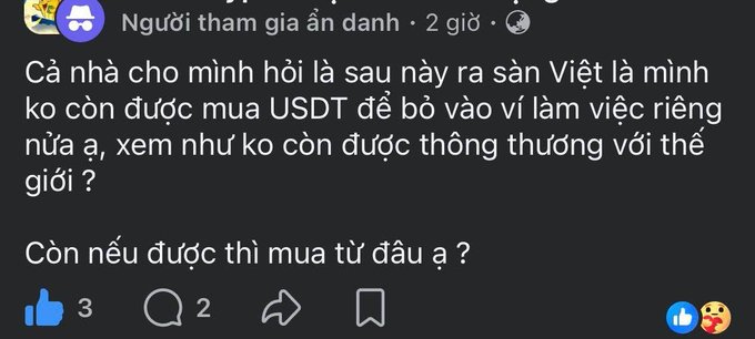 A Vietnamese Facebook comment from an anonymous user asking whether USDT can still be purchased in Vietnam after graduation to use in a personal wallet, expressing concern about losing connection to the global market.