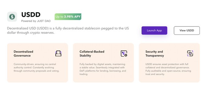 Image 10: A website landing page for 'USDD' powered by JUST DAO, advertising 'Up to 3.98% APY' and describing it as a decentralized USD stablecoin with sections on Decentralized Governance, Collateral-Backed Stability, and Security and Transparency.