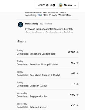 A user profile showing point history including completions like Mindshare Leaderboard (+2000), Aerodium Airdrop (Collab) (+50), and other daily tasks.