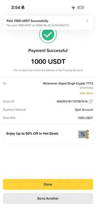 The image shows a Binance payment confirmation screen verifying a successful transfer of 1000 USDT to recipient "Gopal Singh Crypto 7773" (UID 972919760), dated September 23, 2026. The receipt serves as proof of payment for one of the three $1000 USDT giveaways mentioned in the post.