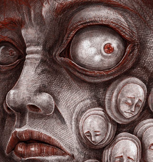 A detailed red and black pen illustration of a face with large bulging eyes and smaller mask-like faces emerging from the cheek, rendered in a haunting surrealist style.