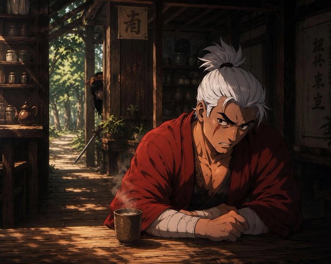 A white-haired swordsman in a red kimono sits at a wooden counter with a steaming teacup, his intense gaze fixed forward as a shadowy figure with a sword lurks in the doorway behind him. The image matches the post's mysterious scene, hinting at an imminent confrontation between the stoic warrior and the hidden intruder in what appears to be a traditional teahouse.