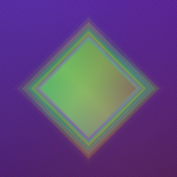 A digital abstract artwork featuring a bright green and yellow diamond shape set against a textured purple background.