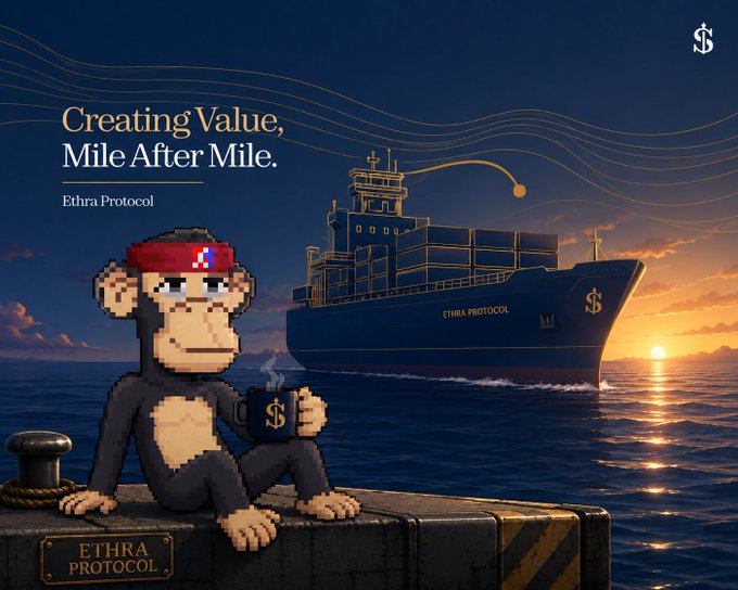 A digital illustration/promotional image for 'Ethra Protocol' featuring a pixelated monkey in a sailor hat holding a mug, sitting on a dock with a large cargo ship labeled 'ETHRA PROTOCOL' in the background and the slogan 'Creating Value, Mile After Mile.'
