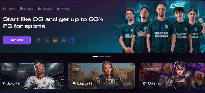 A gambling/betting website homepage advertising 'Start like OG and get up to 60% FB for sports' with categories for Sports, Esports, and Casino, featuring an esports team in green Dexsport jerseys.