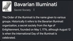 The image shows a snippet about the Bavarian Illuminati, a secret society founded on May 1, 1776, with a small icon of what appears to be an owl or similar figure. The post references "Ripple Riddler" predicting flight during an eclipse, playfully connecting the Illuminati's occult reputation with a humorous conspiracy-style prophecy, though the image itself only contains factual historical information about the group's founding and August 13 being recognized as the International Day of the Illuminati.