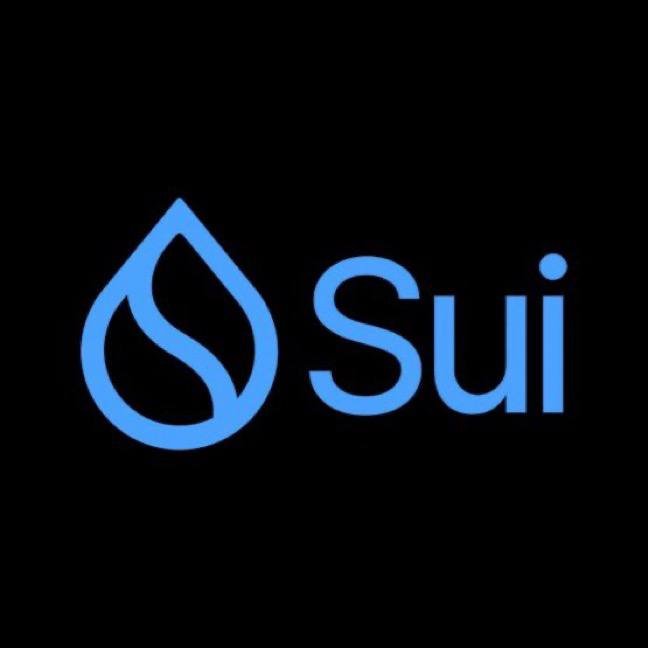 The Sui cryptocurrency logo displayed in light blue against a black background, featuring a water drop icon next to the word 'Sui'.