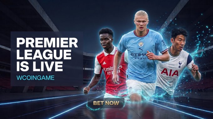 A promotional banner for WCOINGAME features three Premier League stars—Arsenal's Bukayo Saka, Manchester City's Erling Haaland, and Tottenham's Son Heung-min—with the bold text "PREMIER LEAGUE IS LIVE" and a "BET NOW" button, tying directly into the excitement of the new football season highlighted in the post.