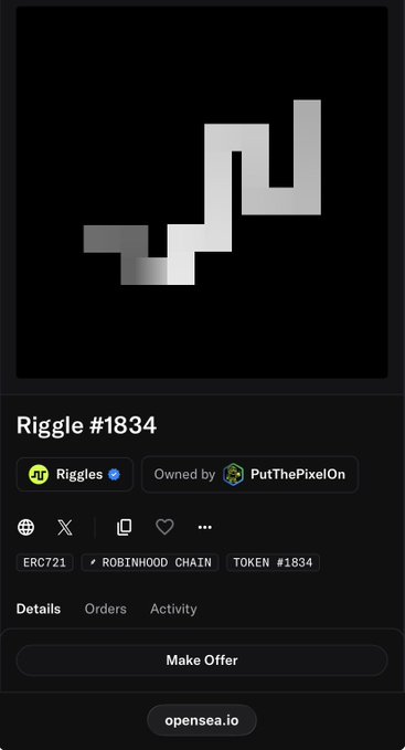 The screenshot shows an OpenSea listing for "Riggle #1834," an ERC-721 token on the Robinhood Chain owned by PutThePixelOn, featuring a pixelated gray "N" or zigzag design on a black background—consistent with the giveaway post asking users to repost, tag friends, and drop their address to win the NFT.