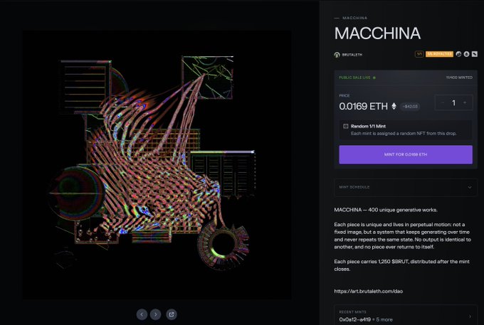 NFT minting page for 'MACCHINA' on the Brutalist platform, priced at 0.0169 ETH, featuring a colorful generative artwork of what appears to be a stylized vehicle with 400 unique generative works.