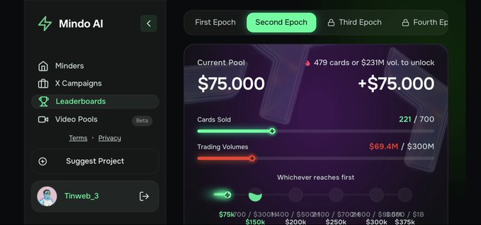 The image features a screenshot of an e-mail sent by Mindo AI about their trading program. The email, with its white and green background, displays information about a new trading program called @useTria Ambassador that offers a prize pool starting at $75,000. It also mentions that the winner reaches key milestones, potentially leading to even more money being added to the prize pool, as well as an opportunity for increased profits from trading cards or other valuable items on a virtual board game platform called @epoch.