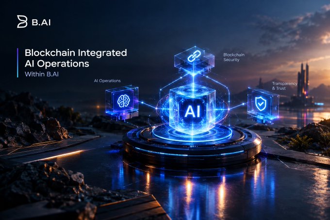 A futuristic promotional graphic for "B.AI" titled "Blockchain Integrated AI Operations Within B.AI," featuring glowing blue 3D cubes labeled "AI Operations," "Blockchain Security," and "Transparency & Trust" on a circular platform with a cityscape at dusk.