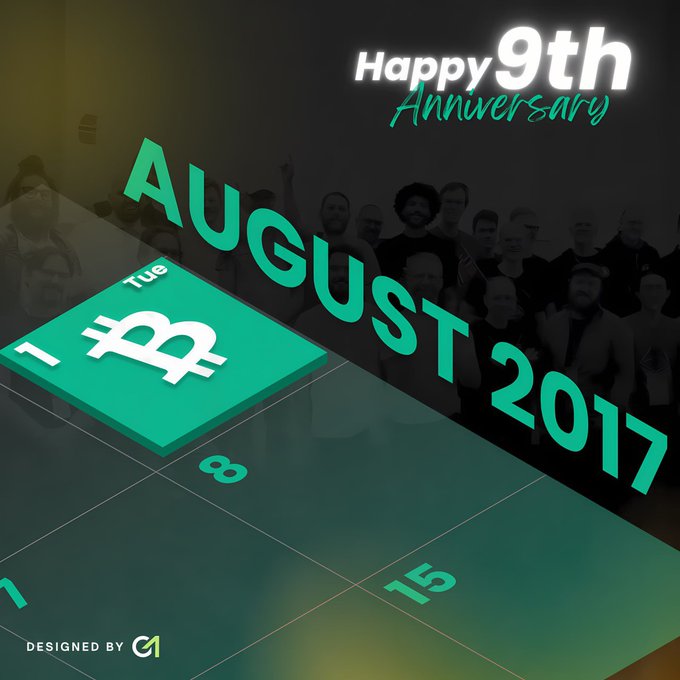 A promotional graphic celebrating Bitcoin's 9th Anniversary on August 1, 2017, featuring a group photo in the background and a calendar tile with the Bitcoin logo.
