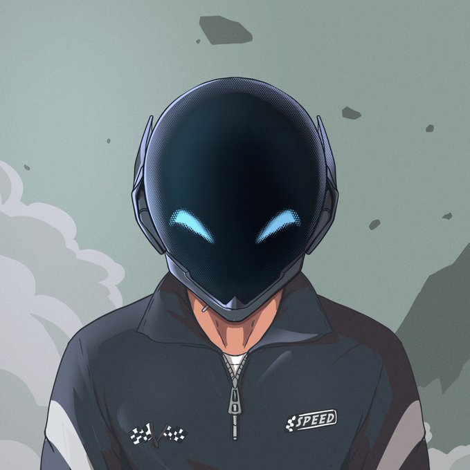 A masked figure in a sleek black helmet with glowing blue eyes wears a racing jacket featuring "SPEED" branding and checkered flags, evoking a high-performance crypto racing team. The imagery of the anonymous, well-oiled "machine" driver aligns with the post's message about a professional, polished crypto project ready to race toward higher gains.