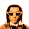 Pixel art portrait of a person with long dark hair wearing dark sunglasses.