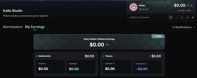 A screenshot of the 'Kaito Studio' dashboard showing 'Lifetime Earnings' of '$0.00' for user 'Hoss' (@HOSS_fdc), with linked accounts including X, TikTok, YouTube, and others.
