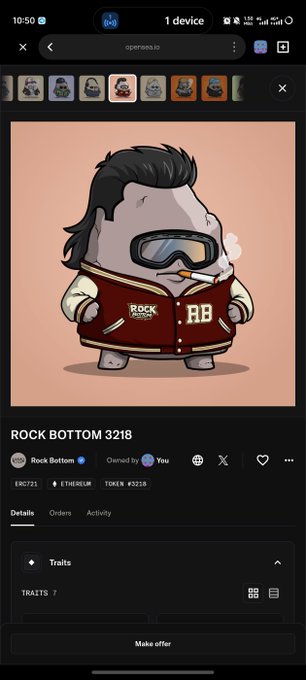 A mobile screenshot of the OpenSea NFT marketplace displaying an NFT called 'ROCK BOTTOM 3218' featuring a cartoon hippo character wearing ski goggles and a varsity jacket, with a 'Make offer' button.