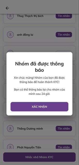 A Vietnamese Pi Network app notification displays "Nhóm đã được thông báo" (Group has been notified), congratulating the user that their group can complete KYC verification, with a "XÁC NHẬN" (Confirm) button below, and a "Nhắc nhở Nhóm KYC" (KYC Group Reminder) option at the bottom. The image relates to the post's theme about the diverse community in Pi Network, showing the KYC (Know Your Customer) notification feature that connects users with various people from different backgrounds and statuses in a shared digital experience.