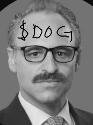 A black-and-white portrait of a man with a mustache and glasses, with the text "$DOG" handwritten across his forehead.