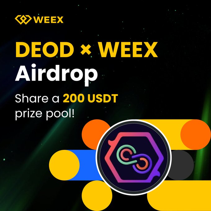 An advertisement for a 'DEOD x WEEX Airdrop' offering a share of a 200 USDT prize pool, featuring colorful token and chain-link graphics on a dark background.