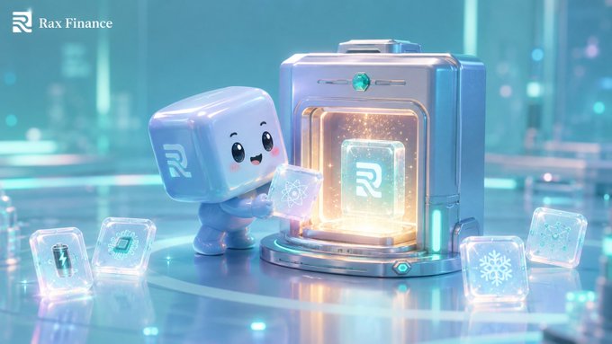A 3D illustration for 'Rax Finance' showing a cute cube character interacting with a glowing futuristic machine surrounded by floating translucent cubes in a blue-lit sci-fi environment.