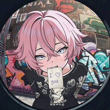 An anime-style illustration of a pink-haired character holding up a sticky note that reads 'I ♡ you', surrounded by colorful graffiti on the walls.